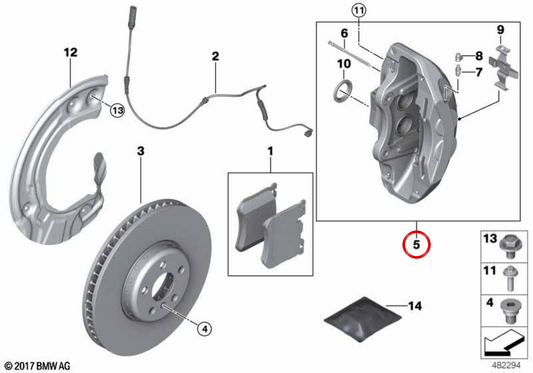 Rote rechte vordere Bremsklemme OEM 34108846930 für BMW G60, G61. Original BMW.