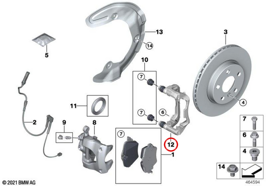 Porta-pinza freno anteriore sinistro OEM 34108863155 per BMW Serie 5 G60, G61 e X3 G45. Originale BMW.