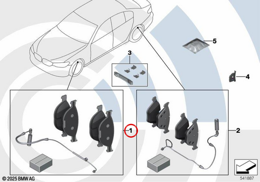 Conjunto de pastilhas de freio com sensor OEM 34108877042 para BMW G30, G31, G38, G32. BMW genuíno.