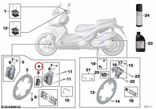 Étrier de frein avant gauche noir sans plaquettes OEM 34111542647 pour motos BMW C 400 GT K08, C 400 X K09. Original BMW Motorrad.