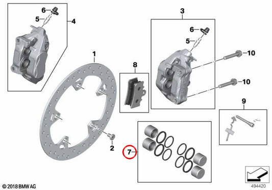 Jogo de êmbolo de travão dianteiro com junta OEM 34111690683 para motos BMW C 400 GT K08, C 400 X K09... e mais. Original BMW Motorrad