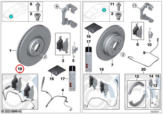 Brake pills set with OEM sensor 34112409225 for BMW E84. Original BMW.