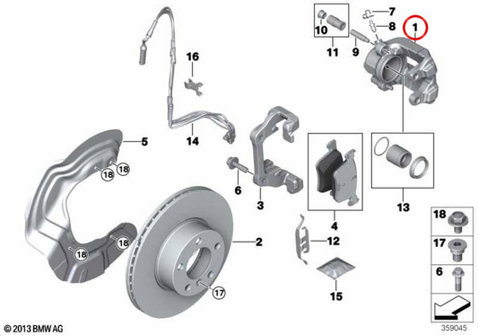 Pinça de freio direito OEM 34116776528 para BMW E81, E82, E87, E88, E90, E91, E92, E93. BMW genuíno.