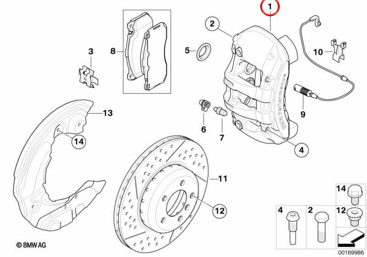 Front Left Brake Caliper OEM 34116786741 for BMW E81, E87, E82, E88, E90, E92... and more. Genuine BMW.
