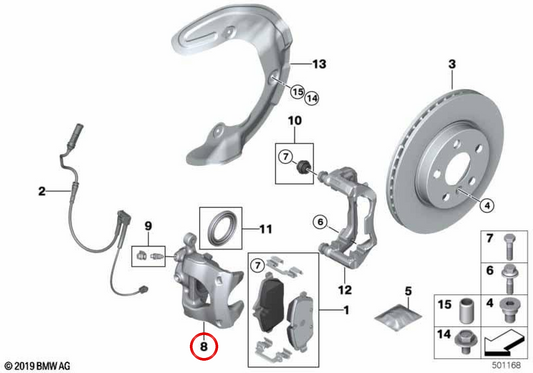 Vordere rechte Bremssattel OEM 34116860262 für BMW 2er F45 und MINI F54 Clubman, F55, F56, F57... und mehr. Original BMW und MINI.
