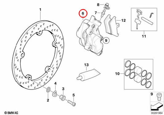 Pinça de travão dianteira direita EVO sem pastilhas OEM 34117670392 para motos BMW R1150GS, R1200RT, R1200S, K1200S, K1300S, K1200GT, K1300GT… e mais. Original BMW Motorrad