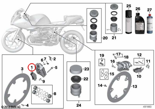 Jogo de pastilhas de travão dianteiro OEM 34117710743 para motos BMW HP2 Sport K29, R 1200 S K29. Original BMW Motorrad.