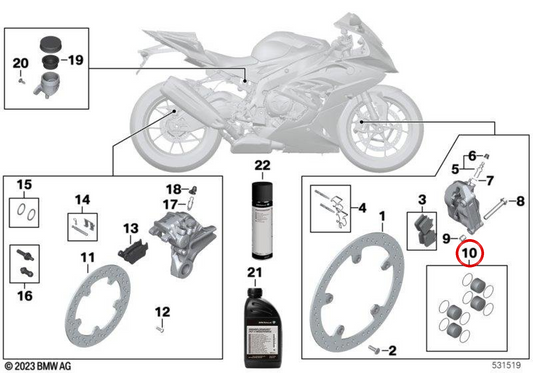 Jeu de pistons de frein avant OEM 34117714801 pour motos BMW S 1000 RR (K46), S 1000 R (K47). BMW Motorrad d'origine.