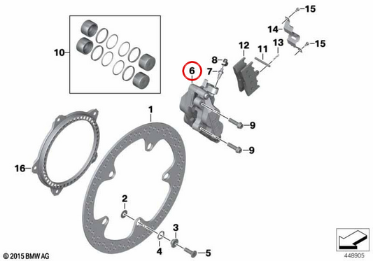 Pinça de travão dianteira direita sem pastilhas OEM 34117722526 para motos BMW R1200R, K1200R, K1300R, R1150GS Adventure, R1100S, K1200RS, K1200LT e mais. Original BMW Motorrad
