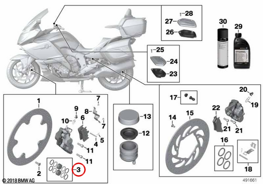 Jogo de reparação assento do travão dianteiro OEM 34117728947 para motos BMW K 1600 GT, K 1600 GTL, K 1600 GTL Exclusive, K 1600 Bagger... e mais. Original BMW Motorrad.