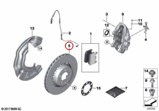 Disco de freno ventilado perforado izquierdo para BMW Serie 2 F87, F87N (OEM 34118072017). Original BMW