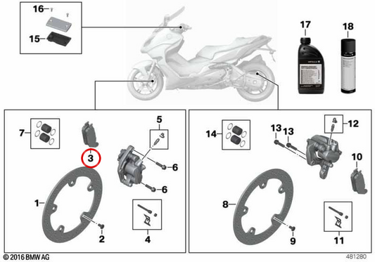 Jeu de plaquettes de frein OEM 34118524942 pour motos BMW C evolution, C 600 Sport, C 650 Sport, C 650 GT Original BMW Motorrad