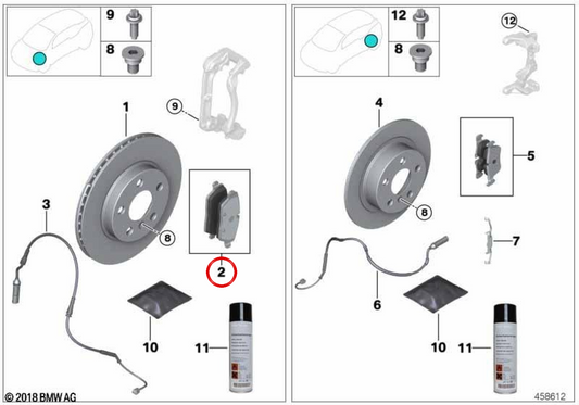 Juego de pastillas de freno OEM 34118867474 para BMW F45, F55, F56, F57, F54. Original BMW.