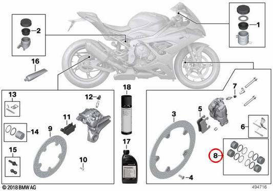 Jeu de piston de frein avec joint OEM 34118575118 pour motos BMW M 1000 R, M 1000 XR, S 1000 RR… et plus. Original BMW Motorrad.