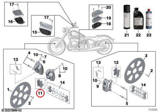 Set pastiglie freno anteriori OEM 34119444023 per moto BMW R 18, R 18 Classic, R 18 B, R 18 Transcontinental. BMW Motorrad originale.