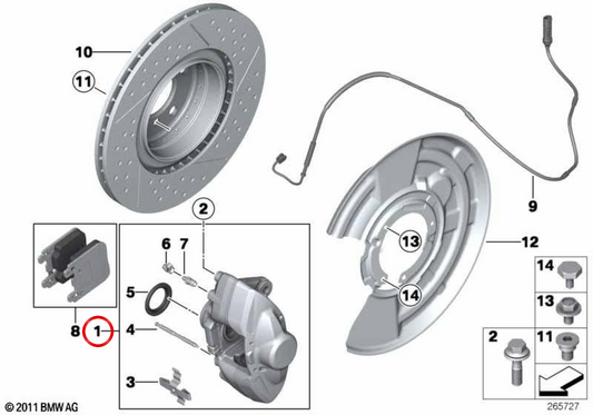 M Performance Yellow Rear Left Brake Caliper Housing OEM 34206855481 for BMW F20, F21, F22, F87 M2, F30, F80 M3, F32, F82 M4... and more. Genuine BMW.
