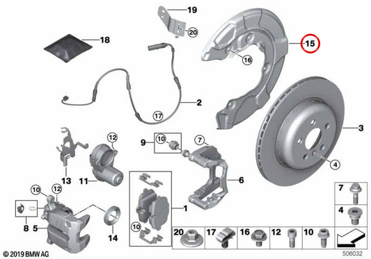 Bota de freio dianteiro esquerdo OEM 34206871339 para BMW G42, G20, G21, G28, G22, G23, G26. BMW genuíno.