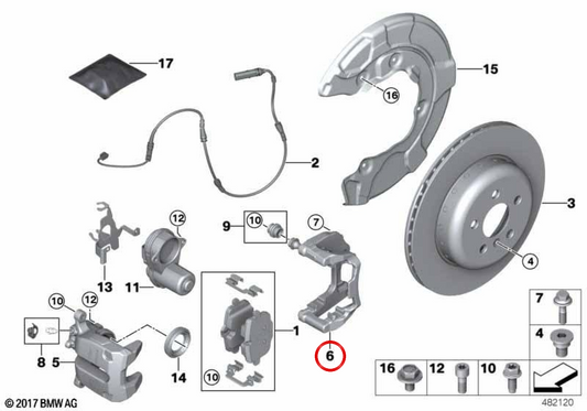 Rechte vordere Bremsklemmeunterstützung OEM 34208838242 für BMW G01, I20. Original BMW.