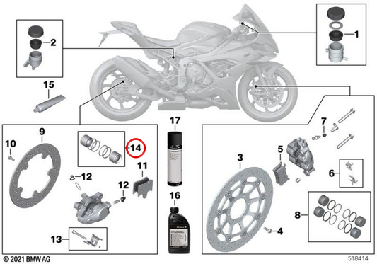 Set di pistoni con guarnizione per pinza freno posteriore OEM 34211542315 per moto BMW M 1000 RR K66 (2020-2025). Originale BMW Motorrad.