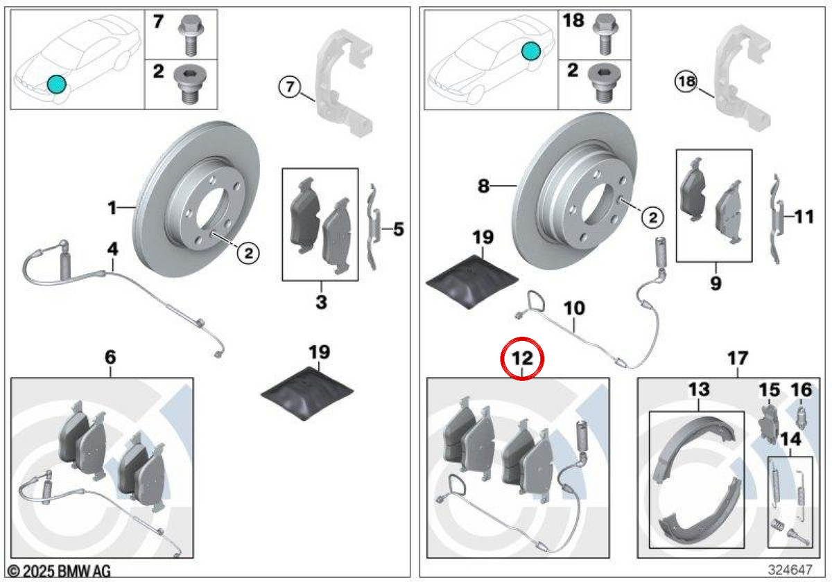 Conjunto de pastilhas de freio com sensor OEM 34212288891 para BMW E81, E82, E87, E88, E90, E91, E92, E93. BMW genuíno.