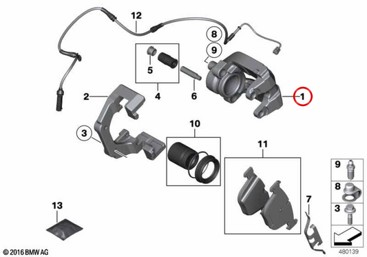 Bremsgehäuse hinten links OEM 34216758057 für BMW 5er E60, E60 LCI, 6er E63, E63 LCI, E64, E64 LCI. Original BMW.