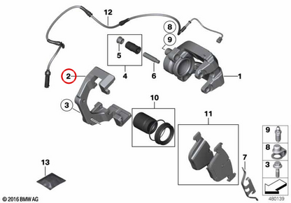 Supporto morsetto freno OEM 34216766074 per BMW E60, E61, E63, E64. BMW originale.