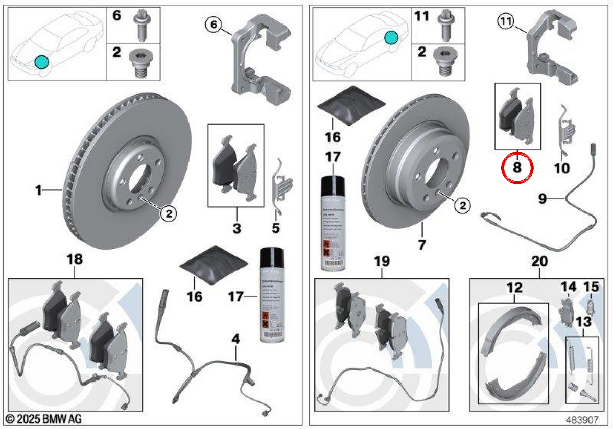 OEM -Bremspillen Set 34216775678 für BMW E90, E91, E92, E93, E84. Original BMW.