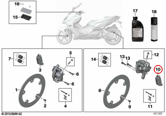 Satz hinterer Bremsbeläge OEM 34218524952 für BMW C evolution, C 600 Sport, C 650 Sport, C 650 GT. Original BMW Motorrad.
