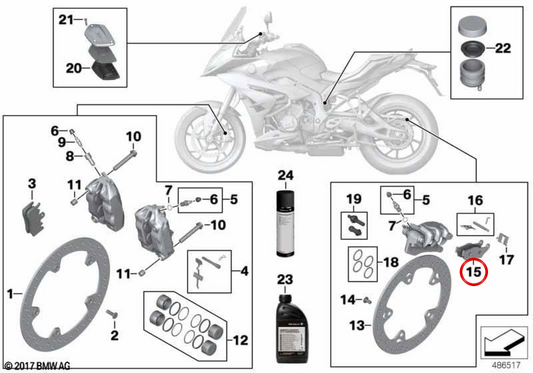 Rear brake linings OEM 34218556442 for BMW M 1000 XR, S 1000 XR (K49, K69) motorcycles. Original BMW Motorrad.