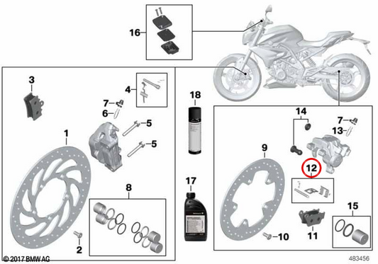 Juego de fijación de pastillas de freno OEM 34218569413 para motos BMW C 400 GT, C 400 X, G 310 GS, G 310 R, G 310 RR, F 450 GS... y más. Original BMW Motorrad.