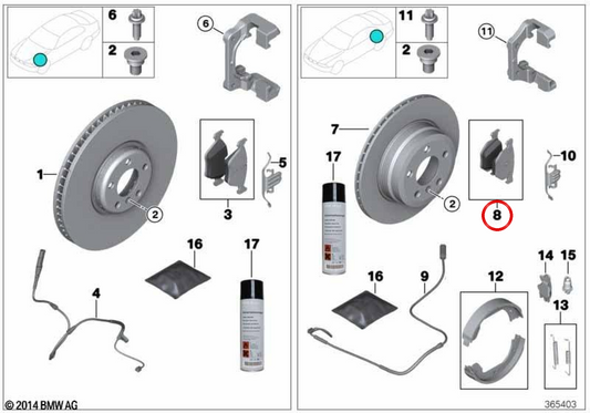 Reparaturset für OEM -Bremsbeläge 3421885007 für BMW F30, F31, F34, F35, F32, F33, F36. Original BMW
