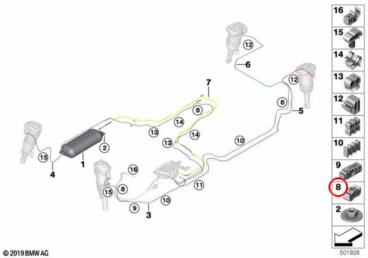 Clip double pour les tuyaux OEM 34306858578 pour BMW F40, F44, F45, F46, G11, G12, F48, F39, G05, G07, F55, F56, F57, F54, F60. BMW d'origine.
