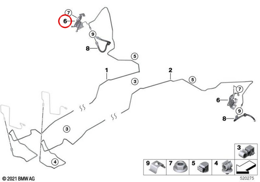 Suporte de mangueira de freio traseiro direito OEM 34306895685 para BMW G26. BMW genuíno.