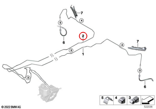 Tubo de freio traseiro OEM 34308854519 para BMW G60, G61, G68. Compatível com sistemas de freio originais. Peça original BMW.