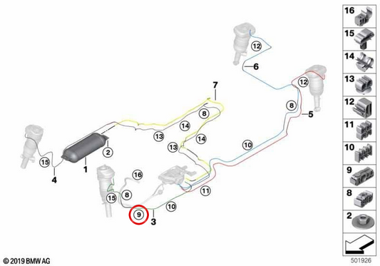 Soporte de tubería de freno triple OEM 34326857528 para BMW G60, G61, G32, G11, G12, G70, F15, G05, G18, F85, F16, G06, F86, G07, I20. Original BMW.