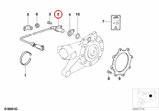 Sensore giri ABS posteriore OEM 34327670028 per moto BMW R1150GS, R1150RT, R1100S... e altro ancora. BMW Motorrad originale.