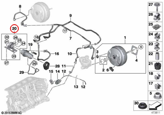 Vakuumpumpenunterstützung OEM 34336860882 für BMW G30, G31, G38, G11, G12. Original BMW.