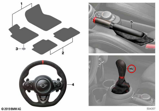 Botão de mudança JCW com fole de Alcantara OEM 34402469137 para MINI F56, F55, Clubman F54, Cabrio F57, Countryman F60... e muito mais. MINI originais.