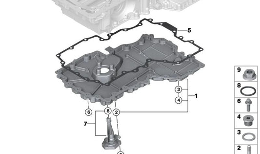 Oil Pan for BMW 5 Series F07, F10, F11, 6 Series F06, F12, F13, 7 Series F01N, F02N (OEM 11137570694). Genuine BMW