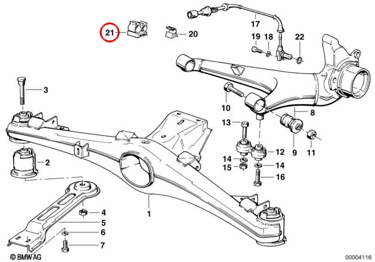 OEM brake cable guide support 34521179169 for BMW E28, E34, E24, E32. Original BMW.