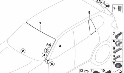 Embellecedor de canaleta del parabrisas izquierdo imprimado OEM 51317338615 para BMW X4 F26 (modelos xDrive20d, xDrive20i, M40i). Original BMW.