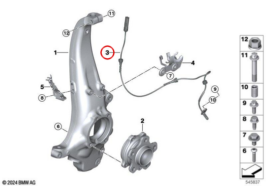Transmisor de velocidad de giro rueda delantera OEM 34525A2A860 para BMW Serie 5 G68 525Li, 530Li, i5 eDrive40L… y más. Original BMW.