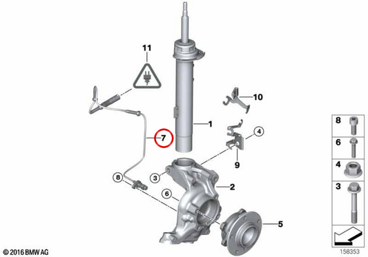 OEM front ABS sensor 34526762465 for BMW E81, E82, E87, E87N, E88, E90, E90N, E91, E91N, E92, E93. Original BMW.