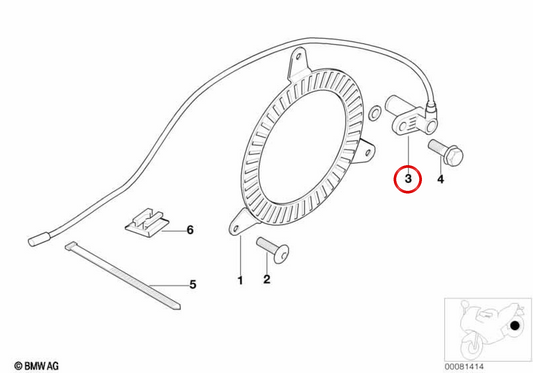 Sensor de velocidad trasero (ABS) OEM 34527665743 para BMW Motorrad F 650 GS (FR13 1999-2001, 2003-2007), F 650 GS Dakar (FR13 2000-2003, 2003-2007). Original BMW Motorrad.