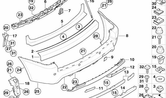 Paragolpes trasero imprimado OEM 51123416947 para BMW X3 E83 (modelos 1.8d, 2.0d, 2.0i) de 2004 a 2010. Parte del kit aerodinámico M. Original BMW.