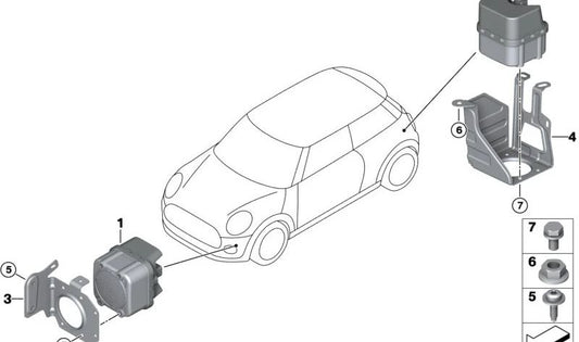 Soporte generador de sonido virtual (VSG) OEM 65158705805 delantero para MINI F56 BEV, F56 BEV LCI, Cabrio F57 BEV. Original MINI.
