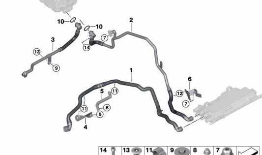 Tubo retorno electrónica de potencia OEM 17128740126 para BMW G30 (530e, 530e xDrive, 530Le) y G11/G12 (740e, 740Le). Original BMW.