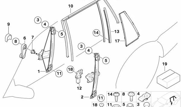 Moldura del carril de guía del cristal izquierda para BMW Serie 3 E46 (OEM 51348208995). Original BMW