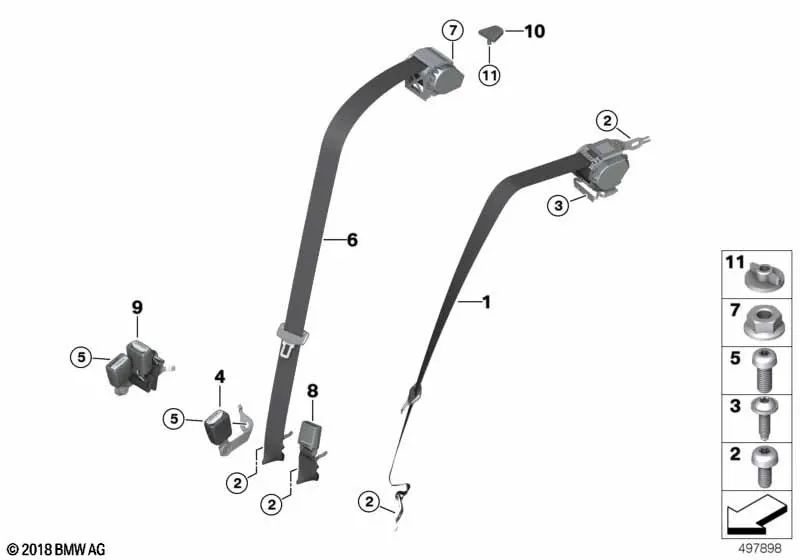 Rear upper middle belt for BMW 3 Series G20, G20N, G80 (OEM 72117496279). Original BMW