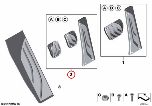 Pedales de acero inoxidable OEM 35002232277 para BMW F20, F21, F30, F32, F10, X3 F25... y más. Original BMW.